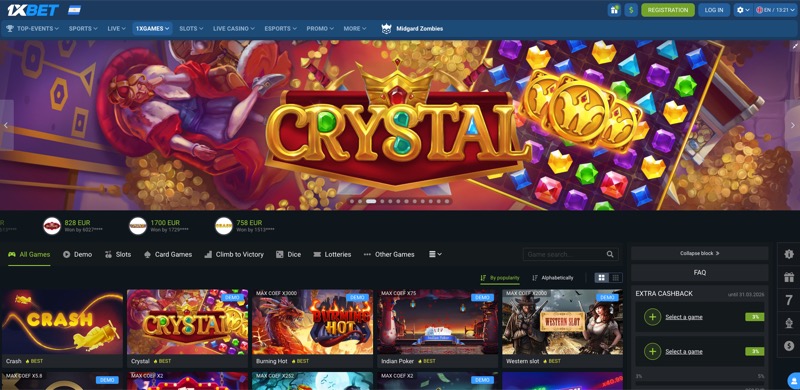 1xBet casino lobby showing Tower Rush game in the 1xGames section