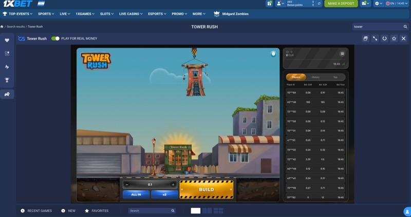 Tower Rush game on 1xBet showing crane swinging block above growing tower with Build and Cash Out buttons