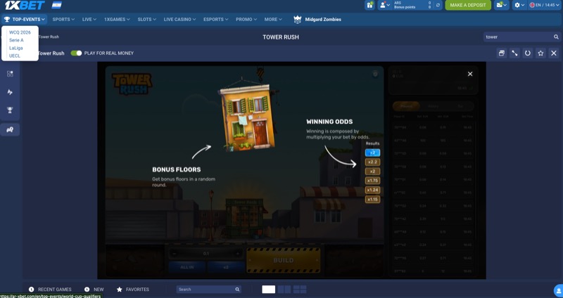 Tower Rush gameplay showing crane swinging block above tower with timing indicator