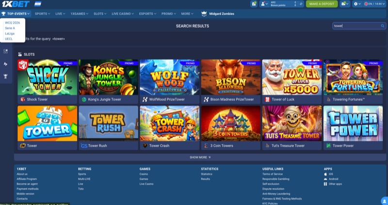 1xBet search results for Tower showing Tower Rush and other tower-themed games