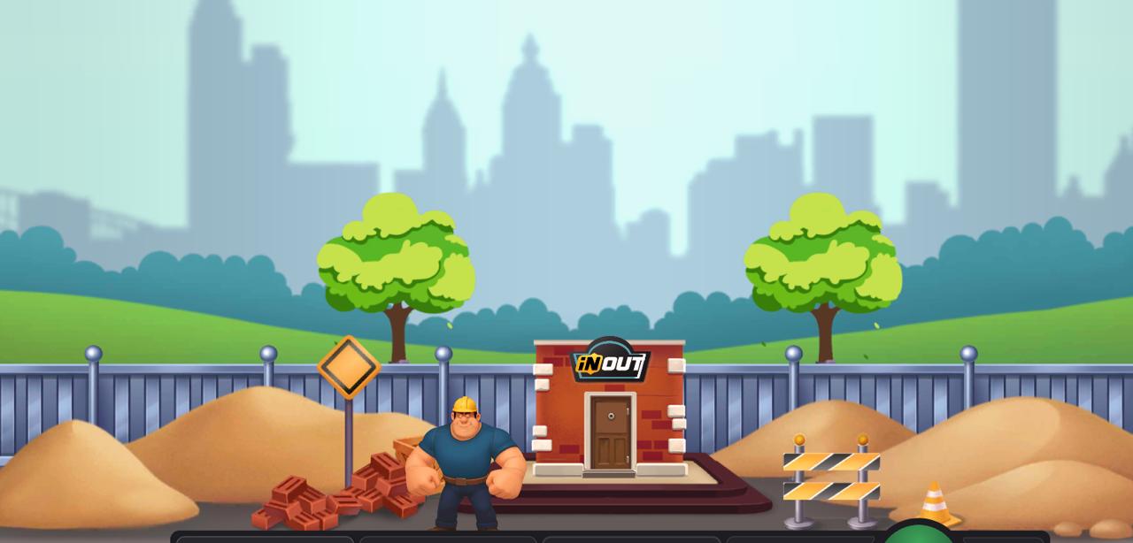 Tower Rush game start screen showing construction site with builder character ready to play
