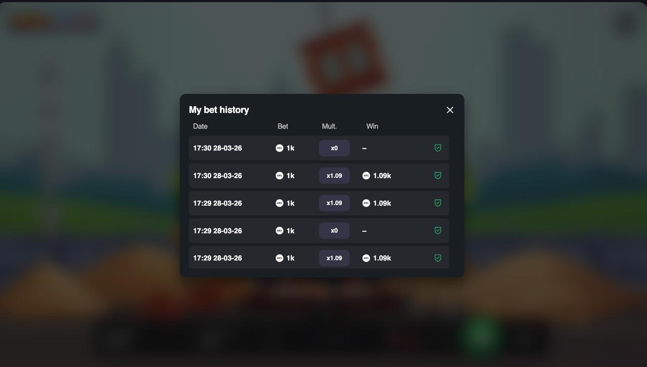 Tower Rush bet history showing real bets from April 2026 with wins and losses and provably fair verification