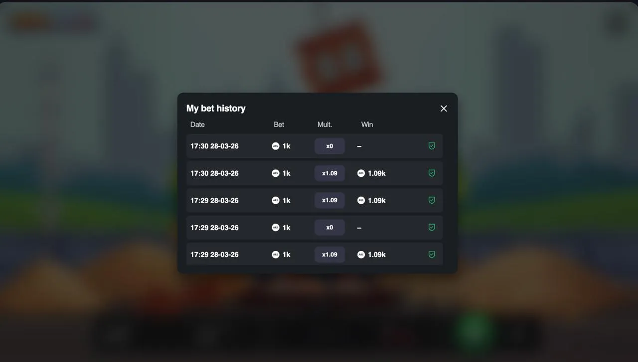 Tower Rush bet history showing real bets from April 2026 with wins and losses and provably fair verification