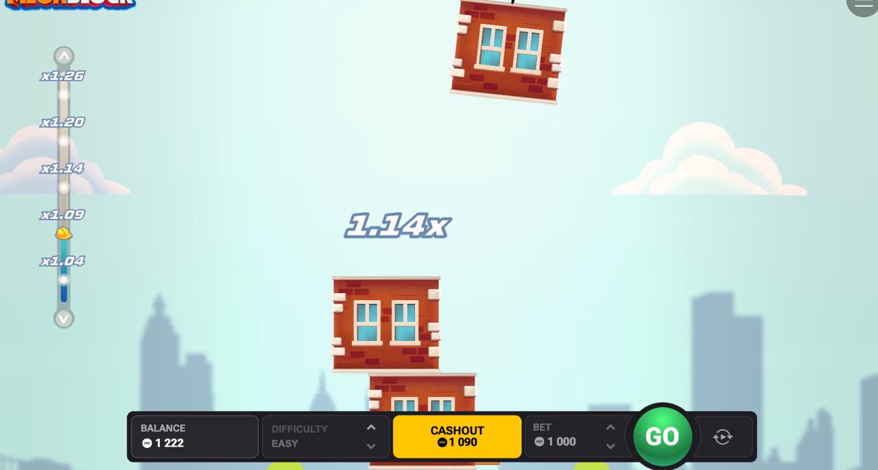 Tower Rush gameplay showing block being dropped at x1.14 multiplier with cashout button and bet controls