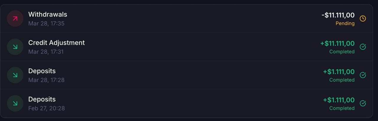 1xBet transaction history showing $11,111 withdrawal pending alongside completed deposits — proof of real cashouts