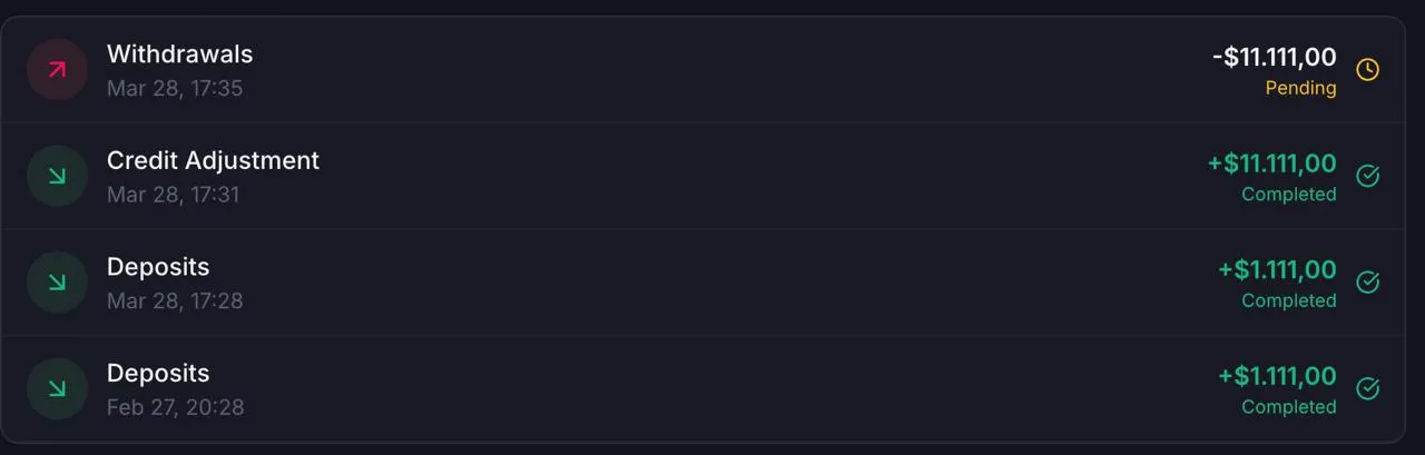 1xBet transaction history showing $11,111 withdrawal pending alongside completed deposits — proof of real cashouts