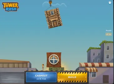 Tower Rush gameplay showing crane swinging block above tower with multiplier display